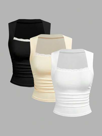 Comfortcana Bộ 3 áo hai dây nữ kiểu dáng thường ngày, đa năng, viền ren, chất liệu 95% cotton, ôm sát eo, không tay, thích hợp cho mùa xuân và mùa hè.