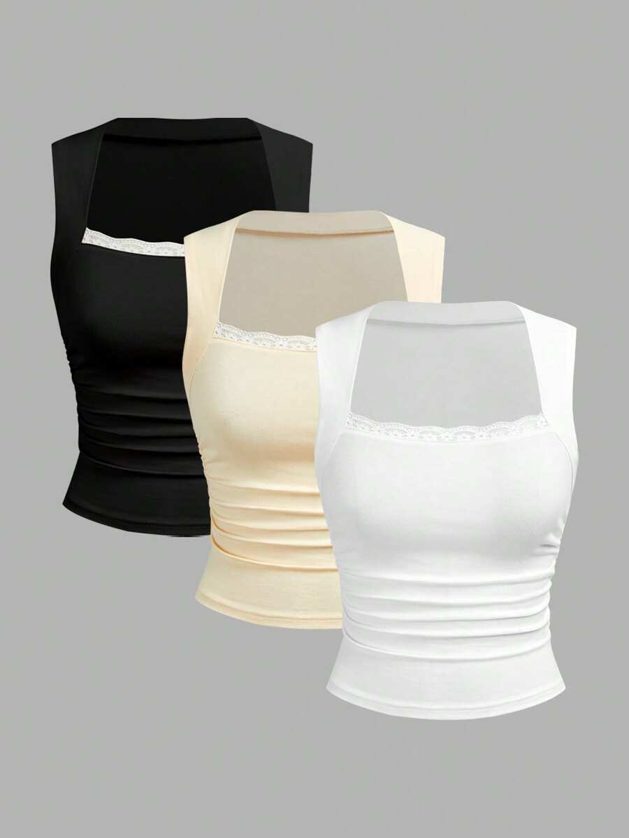 Comfortcana 3件套女士休闲百搭蕾丝边吊带背心，95%纯棉修身褶皱腰部无袖上衣，适合春夏穿着 - 彩色 - 查看 1