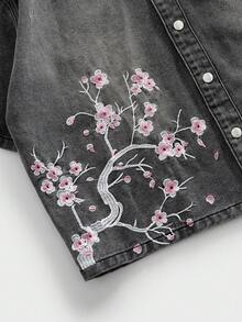 ROMWE MEN Street Life Men's Casual Floral Embroidered Denim Shirt, Summer - Light Grey - View 4