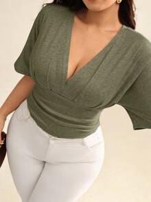Auralis Plus Size Sexy Solid Deep V-Neck Cinched Waist T-Shirt, Summer - Red Violet - View 1