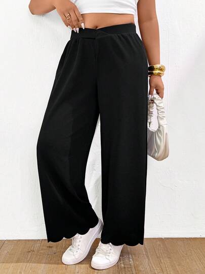 Lounesse Pantalones anchos de pierna ancha con cintura superpuesta y borde de concha para mujer talla grande, de uso diario y casual, de unicolor simple