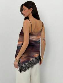 Aloruh Casual Minimalist Style Deep Brown Abstract Tie Dye Print Pattern Women Elegant Sexy Contrast Lace Camisole Suitable For Spring/Summer, Vacation, Party - Multicolor - View 4