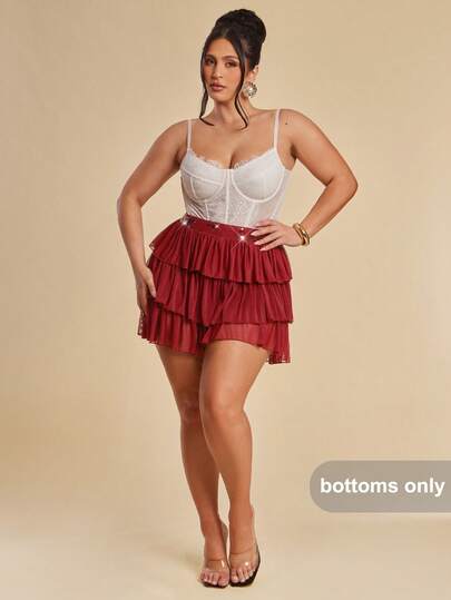 SHEIN BAE 大码女式腰部串珠拼接短款蛋糕裙