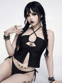 ROMWE Goth 2026春夏新款女士泳装上市，适合度假、约会、西部风情、邮轮、海滩、海岛、公路旅行、四季皆宜、音乐节、波西米亚风假期、秋日休闲波西米亚Y2K褶皱短裤、优雅复古休闲女士纯色露背系带性感吊带背心泳衣套装（含三角泳裤和配套迷你裙），完美搭配海滩度假Y2K连衣裙、黑色连衣裙、哥特连衣裙、蜘蛛连衣裙、女士泳衣、露背黑色泳装、女士连衣裙、设计师上衣、哥特风女装、女士连衣裙、露胸连衣裙、女士束身衣束缚连衣裙、束身衣套装（含裙子）、女士束身衣连衣裙、哥特风泳装、哥特风比基尼、女士哥特风泳衣、女士哥特风比基尼、哥特风女士比基尼、女士泳装、黑色哥特风比基尼 - 彩色 - 查看 4