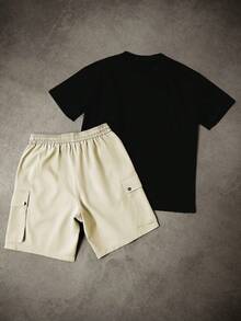 Manfinity Homme Men's Contrast Color Pocket Short Sleeve T-Shirt And Cargo Shorts Set - Multicolor - View 2