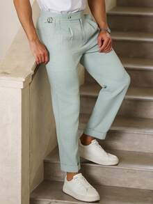 Manfinity Homme Men's Casual Everyday Commute Solid Color Pleated Slant Pocket Pants - Green - View 6