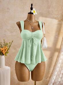 Bellisia 26SS Spring/Summer Vacation Beach Cute Yellow Jacquard Embroidered Camisole & Bikini Set - Mint Green - View 7