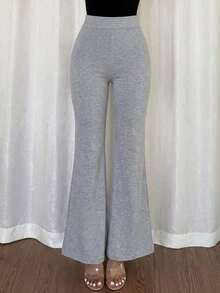 Women's Solid Mid Rise Flare Leg Skinny Fit Comfortable Good Quality Knitted Casual Pants - Light Grey - View 4
