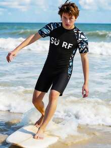 SHEIN 青少年男孩休閒拼色兩件式泳裝，含短褲與短袖上衣，適合海灘、衝浪、游泳，夏季青少年泳衣 - 彩色 - 查看 4