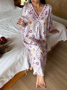 DAZY Floral Print V-Neck Loose Long Dress, Women Summer Sleepwear - White - View 6