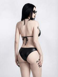 ROMWE Goth Áo tắm liền thân thanh lịch dành cho nữ, kiểu dáng hở lưng, buộc dây, chất liệu giả da phản quang ánh kim, thích hợp cho kỳ nghỉ hè, hè và thu. - màu đen - Xem 2