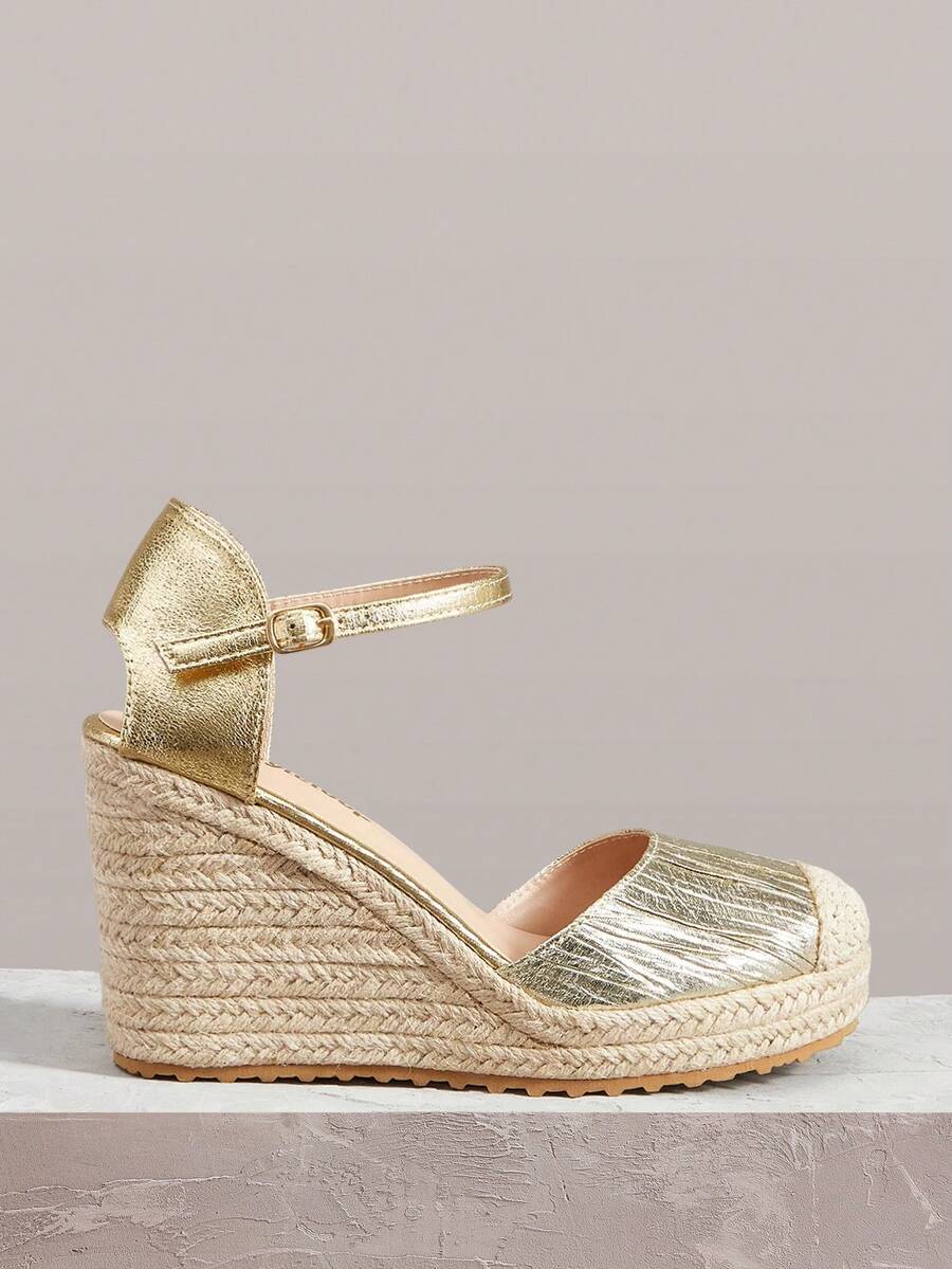 Styleloop Giày nữ màu hồng mơ, giày đế xuồng bằng dây gai rỗng, giày sandal đế xuồng, giày buộc dây, giày tăng chiều cao, giày dự tiệc, giày đi nghỉ mát, giày nữ phong cách bohemian. - Vàng - Xem 1