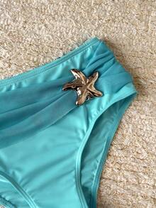 SHEIN Tween Girl Mermaid Light Teal Summer Cute Beach Holiday Swimwear,Mesh Ruffle Metal Starfish Halter Tankini Set,Hawaii Island Two Pieces Bathing Suit - Mint Green - View 8