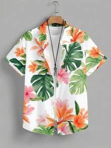 VIVINTIMO Camisa de manga corta casual con estampado de hojas de tortuga para hombre, verano - Blanco - Ver 2
