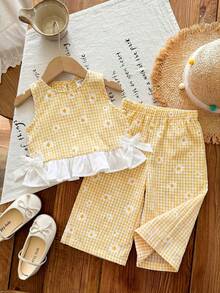 SHEIN LMoss Kids Babygirl Summer Cute Pink & White Plaid Ruffle Sleeveless Top And Elastic Waist Loose Pants Set - Multicolor - View 4