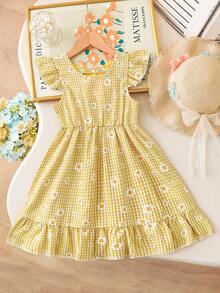 SHEIN Elladie kids 少女优雅格子碎花圆领喇叭袖露背蝴蝶结腰部荷叶边下摆休闲连衣裙，适合日常穿着、度假、乡村风格 - 黃色 - 查看 5