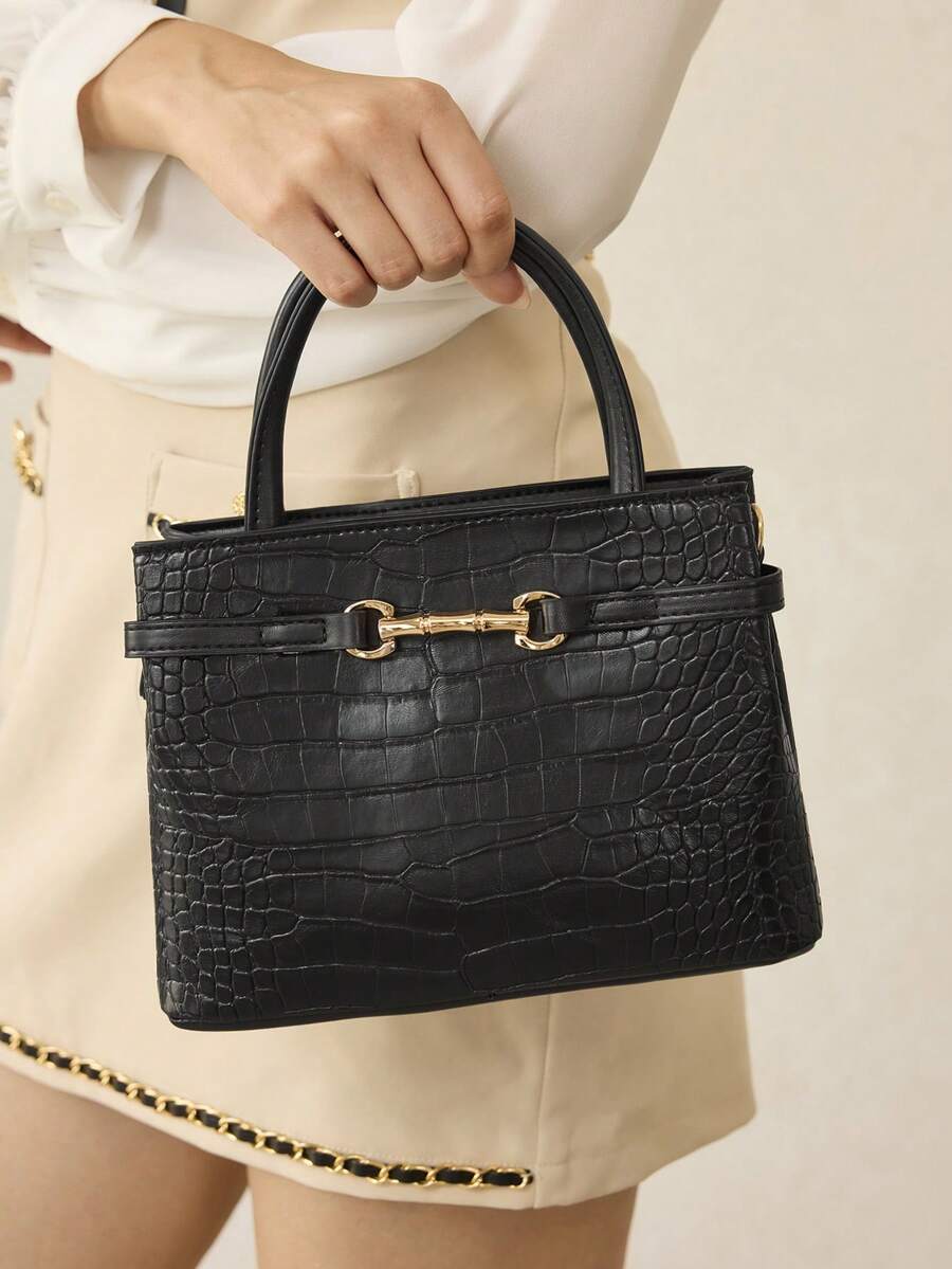 MOTF PREMIUM BOLSO DE MANO CON ESTAMPADO DE CAIMÁN DE MODA - Patrón de cocodrilo negro - Ver 1