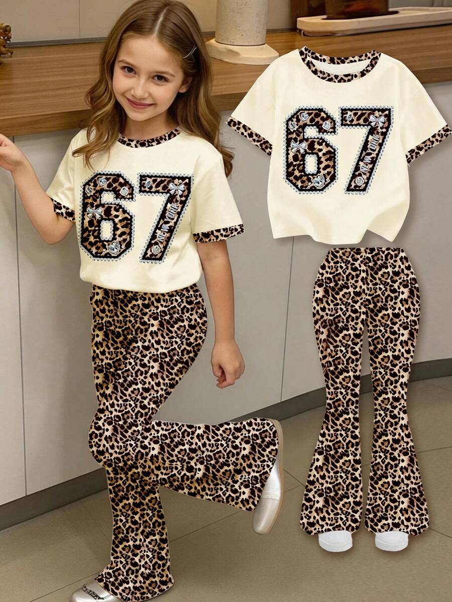 2pcs/Set Young Girl Casual Minimalist Numeric Print Round Neck Short Sleeve T-Shirt And Leopard Print Flare Pants, Suitable For Summer - Multicolor - View 1