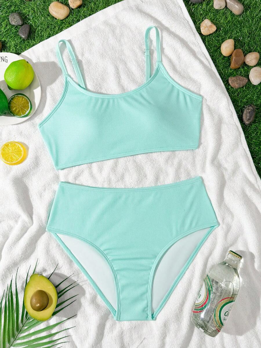 SHEIN Teen Girls Ribbed Bikini Sets,Mint Green Spaghetti Strap 2 Pieces Swimwear,Skin-Friendly Quick-Drying Children's Bathing Suit,Summer Beach Holiday - Lime Green - View 1