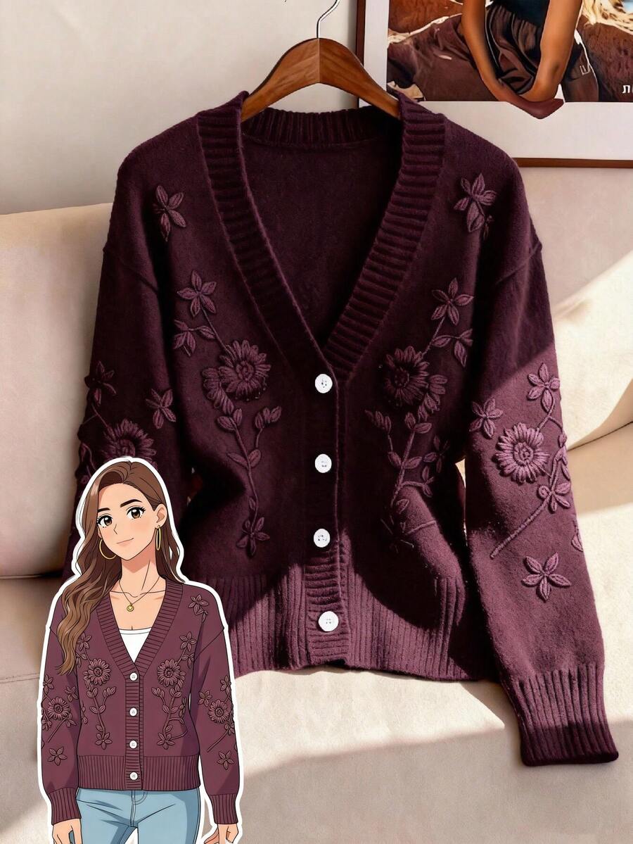 GlowEve CURVE Áo khoác cardigan cổ chữ V dáng rộng thêu họa tiết Pháp thanh lịch dành cho phụ nữ ngoại cỡ, tay dài, phù hợp cho mùa thu/đông - Màu Đỏ Sâu - Xem 1