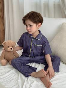 DAZY Bộ đồ ngủ thường ngày cho bé trai, áo ngủ dài tay có cổ (size nhỏ) - Màu xanh lam - Xem 6