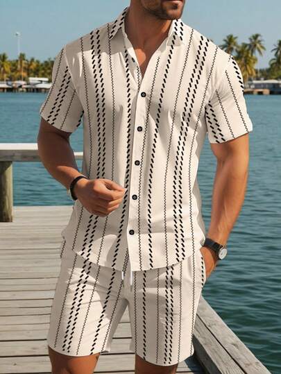 Manfinity RSRT Conjunto de camisa de manga corta de rayas y pantalones cortos de un solo abotonadura para hombre
