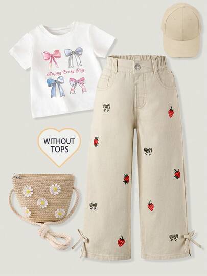 Young Girl' Light Khaki Wide-Leg Jeans With Bow Hem Design, Paired With Red Strawberry & Yellow Bow Embroidered Decor, Fresh And Sweet, Suitable For Spring/Summer Casual Wear, Can Be Matched With T-Shirts Or Shirts To Create A Relaxed And Artistic Style, Snug Fit And Elongating, Ideal For Outings And Shopping