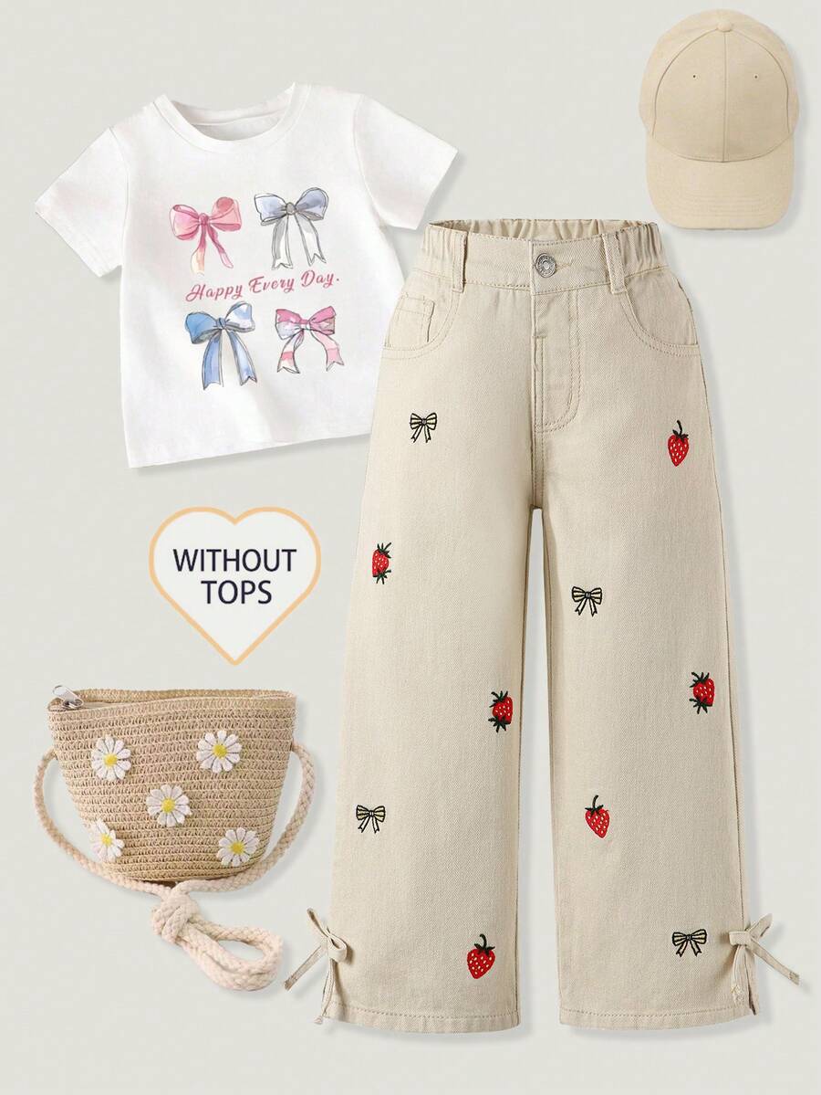 Genkimix Kids Quần jeans ống rộng màu kaki nhạt dành cho bé gái, thiết kế gấu quần thắt nơ, phối cùng họa tiết thêu dâu tây đỏ và nơ vàng, tươi tắn và ngọt ngào, phù hợp cho trang phục thường ngày mùa xuân/hè, có thể phối cùng áo phông hoặc áo sơ mi để tạo phong cách thoải mái và nghệ thuật, ôm sát và giúp tôn dáng, lý tưởng cho các buổi đi chơi và mua sắm. - Rửa nhẹ - Xem 1