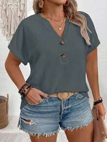 EMERY ROSE 2026 Nueva Camiseta de Manga Corta con Cuello en V y Botones en los Hombros de Moda Informal para Mujer Talla Grande, Color Azul-Verde Sal de Mar - Gris - Ver 4