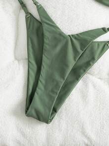 Swim Vcay 女士橄榄绿性感比基尼泳衣，扭结前片设计细肩带低腰显瘦沙滩装套装 - 軍綠色 - 查看 3