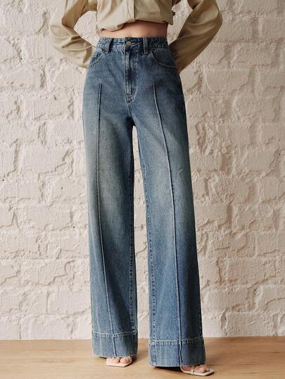 Anewsta Quần jeans nữ ống đứng màu xanh dương lãng mạn kiểu vintage, hàng mới về mùa xuân/hè.