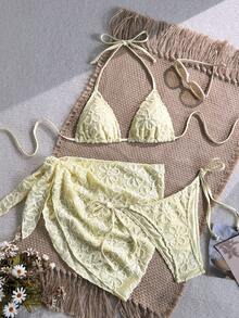 Swim Mod Women's Summer Beach Vacation Sweet Yellow Floral Bikini  With Beach Skirt , Suitable For Beach, Vacation - Yellow - View 3