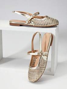 SHUZIA Ladies Elegant Crochet Woven PU Mary Jane Slingback Mules - Gold - View 6