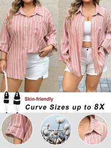 SHEIN CURVE+ 大码女式粉色条纹长袖衬衫，休闲度假通勤外出约会装 - 粉色 - 查看 7