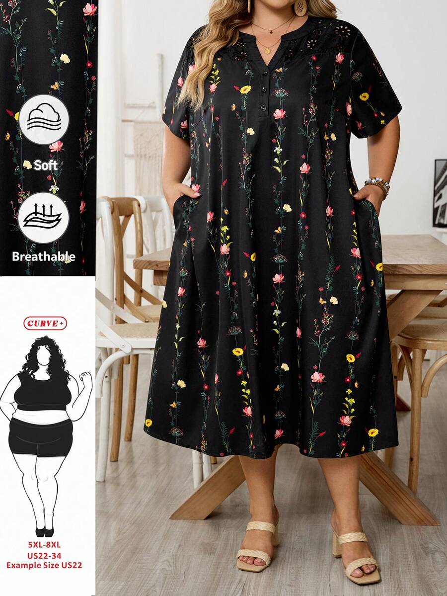 SHEIN CURVE+ 大码女式V领休闲印花度假连衣裙