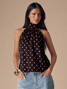 SHEIN BAE Black & White Polka Dot Backless Halter Neck Sexy Crop Top, Suitable For Music Festivals, Vacations,Summer Top - Chocolate Brown - View 7