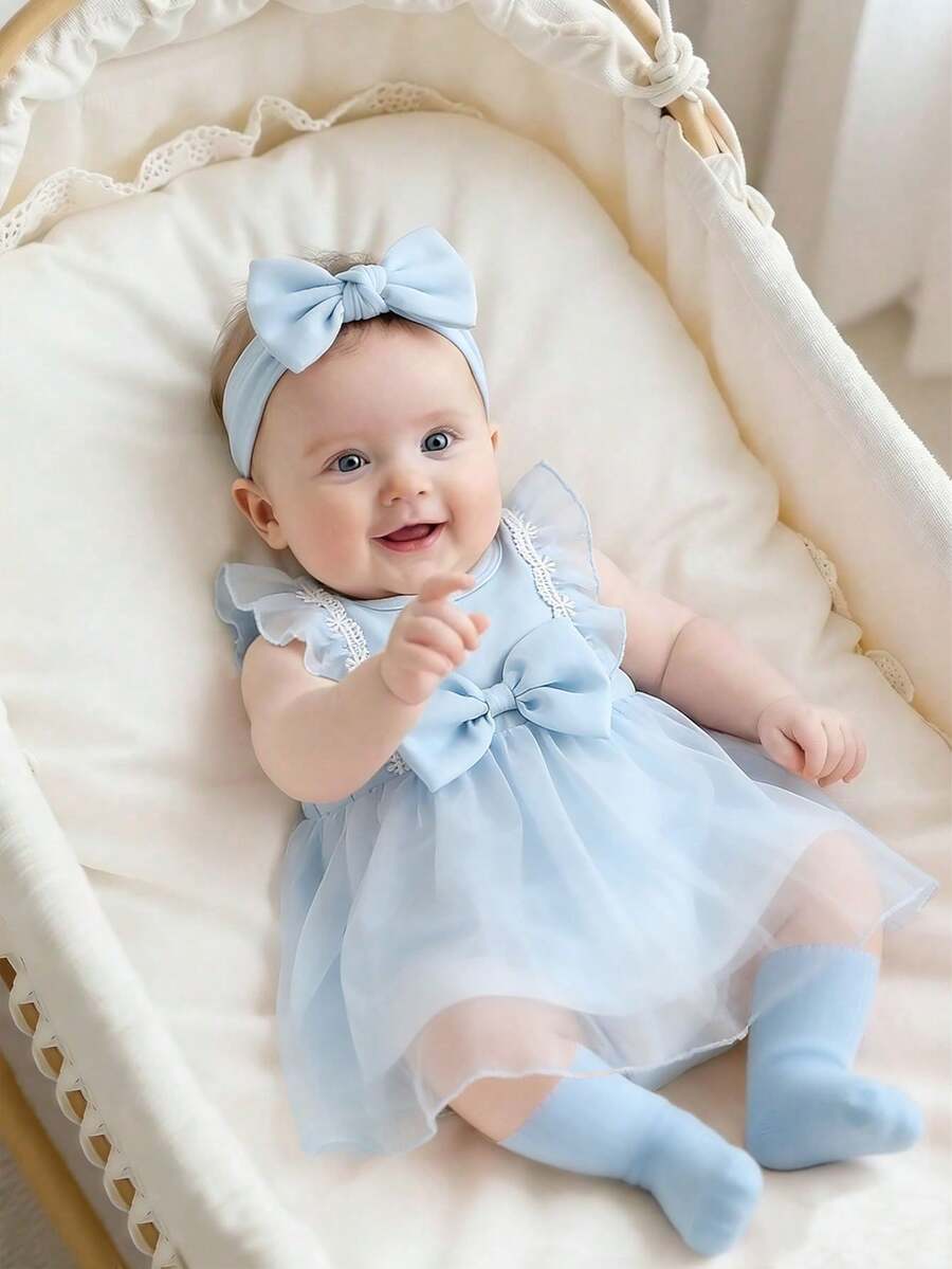 SHEIN Summer New Born Baby Fashionable Princess Bodysuit Dress, Cute Infant Girl Outfit Christening Outfit For Baby Girl Ootd For Baby Girl 0 To 12months Baby Baptism Dress Newborn Baby Girl Dresses Photoshoot Outfit For Baby - Baby Blue - View 1