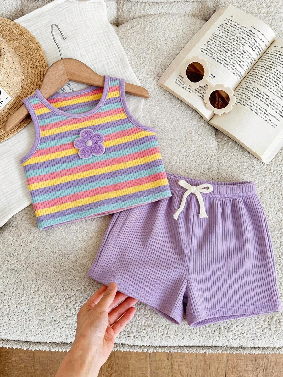SHEIN 2pcs Baby Girl Purple Knitted Striped Contrast Floral Pattern Casual Cute Summer Sleeveless Top And Elastic Waist Shorts Set,Sweet Vacation Wear - Multicolor - View 1