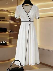 Ellegaria. Women's Elegant Long Dress With Trim Button Design Short Sleeves - Apricot - View 3