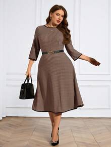 Miaspire Plus Size Women's Summer Casual Vacation Elegant Plaid Vintage Round Neck 3/4 Sleeve Dress,Spring Break Outfits ,Vacation Outfits Women ,Holiday Outfits For Women,Going Out Outfits,2026 New Clothes,Simple And Fashionable For Everyday Wear, Elegant Midi Dress Midi Check Dress Elegant Dress Checkered Dress - Coffee Brown - View 5