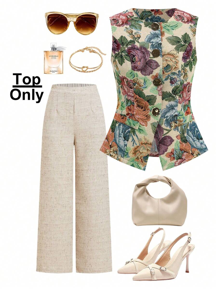 Ellevyn French Style Women Sleeveless Vest With Metal Button Closure, Suitable For Commuting - Multicolor - View 1