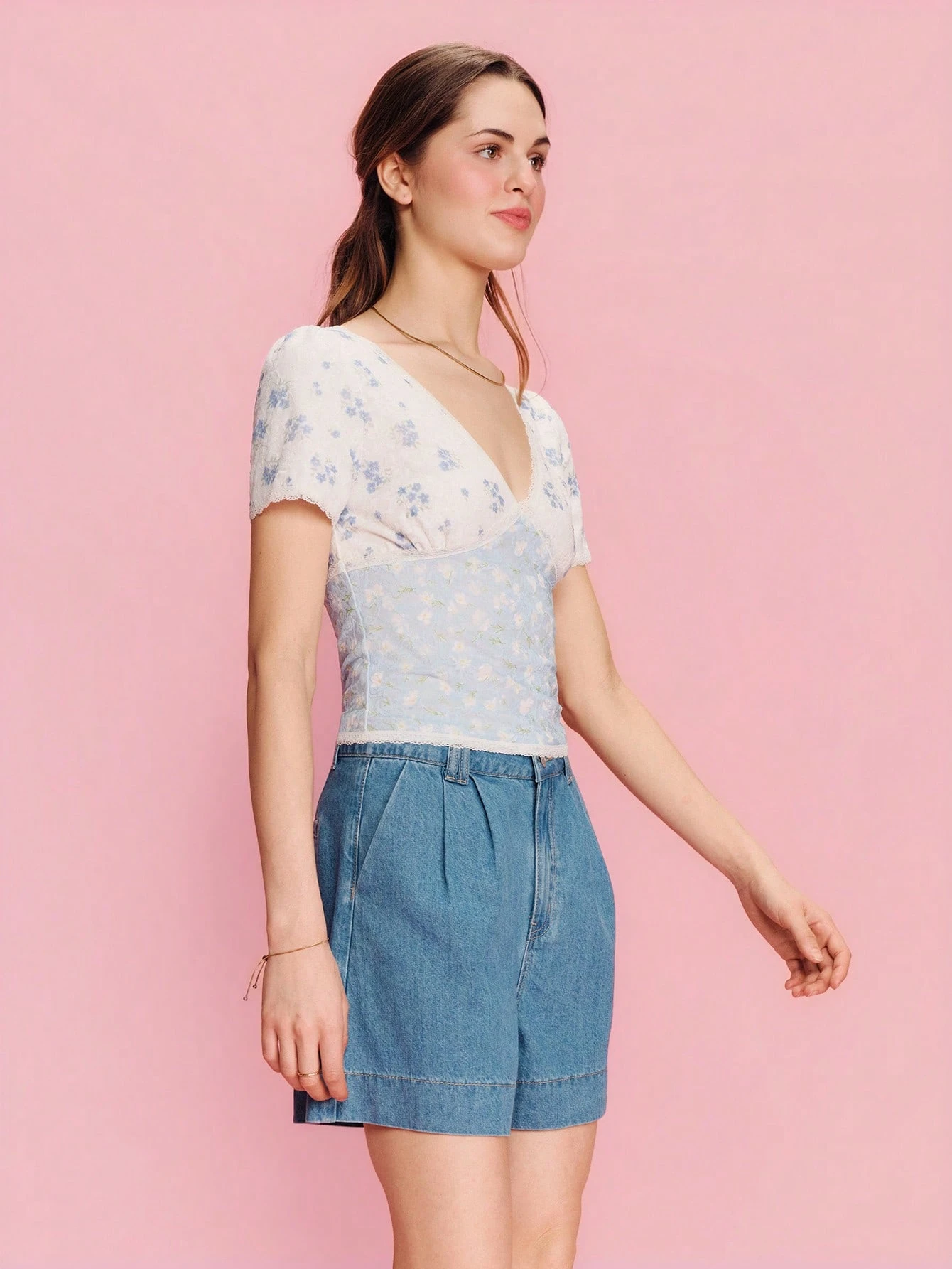 White And Blue Short Sleeves Top Bi Color Floral Print And Mini Lace Trim Around Neckline Cute Spring Summer Top Casual Top French Style Parisian Style