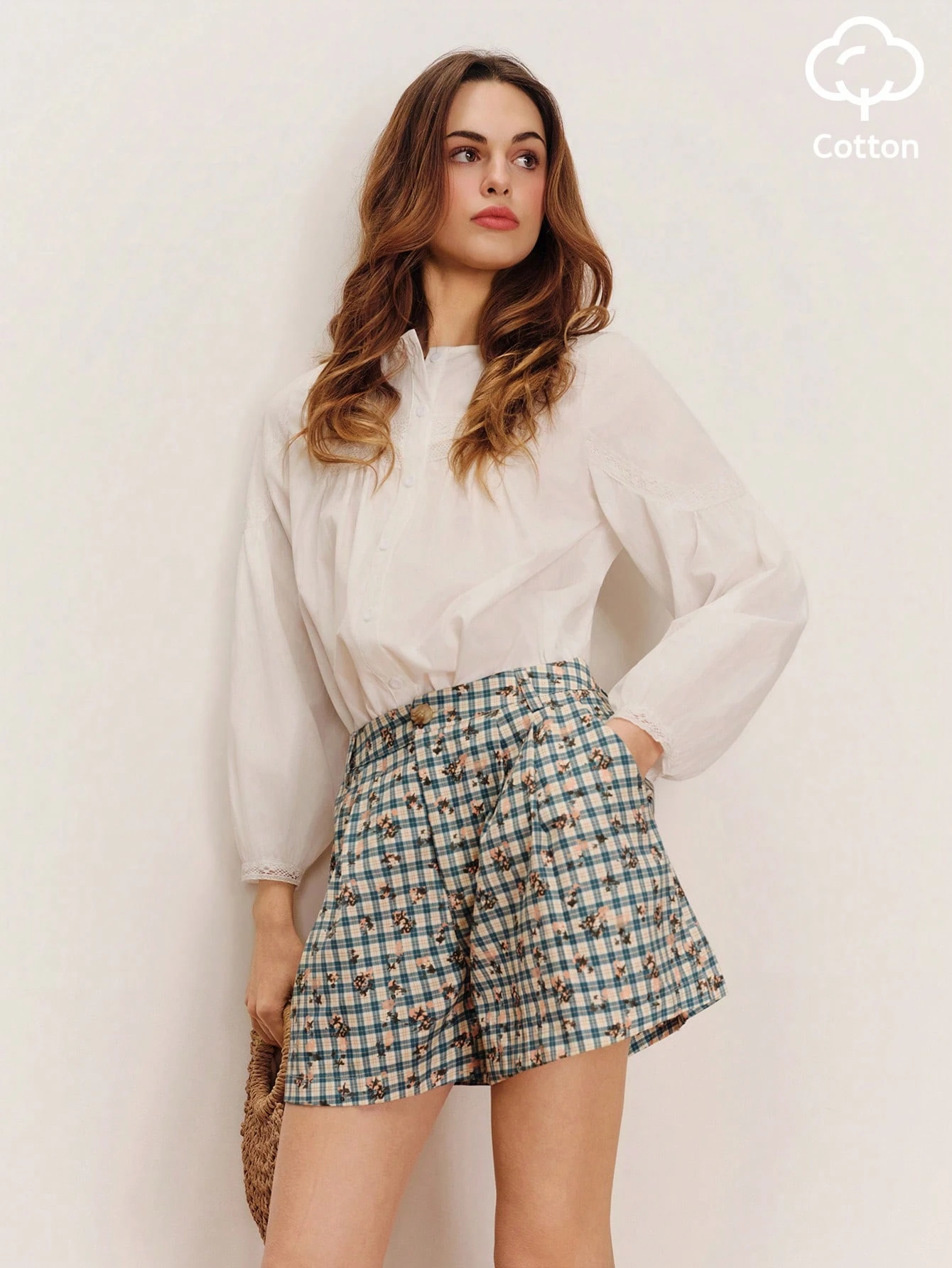 High Waist Tailored Shorts In Floral Plaid Fabric Spring Summer French Style Parisian Style Check Shorts Cotton Shorts Floral Shorts Going Out Vacation Outfit