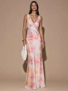 SHEIN BAE 极简纯色印花性感深V领无袖露背系带长款美人鱼连衣裙，适合派对、鸡尾酒会、正式场合、伴娘、生日、圣诞节、宴会等场合，黄色缎面长裙。 - 粉色 - 查看 7