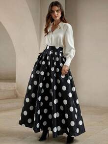 Anewsta Falda de línea A elegante de fiesta de vacaciones con lunares clásicos de verano para mujeres - Negro - Ver 7