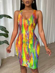 Eryvara Đầm ôm sát không tay xếp ly nhuộm màu tie-dye cho mùa năm mới. - màu xanh lá - Xem 6