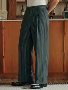 SWAVVY Men's Striped Zipper Button Pocket Pants With Belt Loops, Minimalist Design Suitable For Office & Outings - Dark Green - View 2