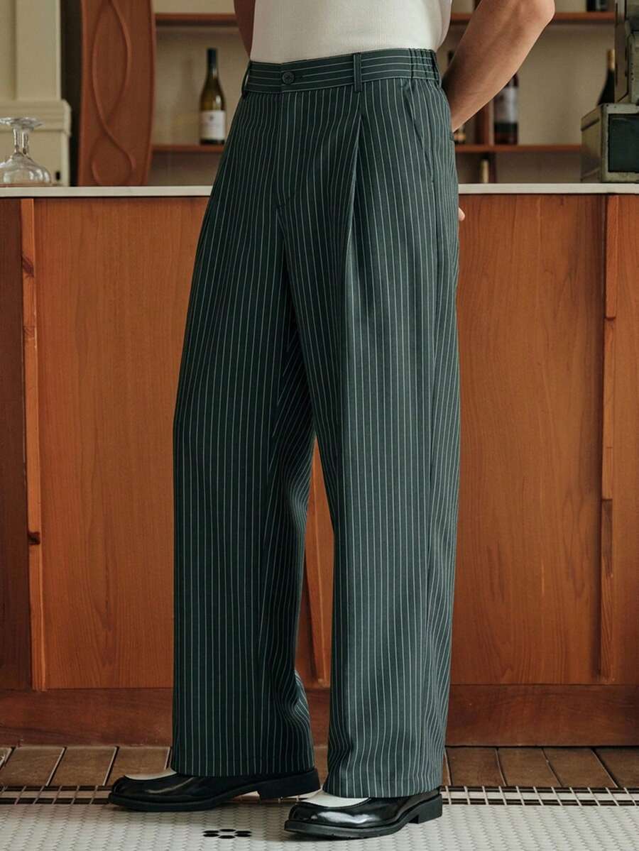 SWAVVY Men's Striped Zipper Button Pocket Pants With Belt Loops, Minimalist Design Suitable For Office & Outings - Dark Green - View 1