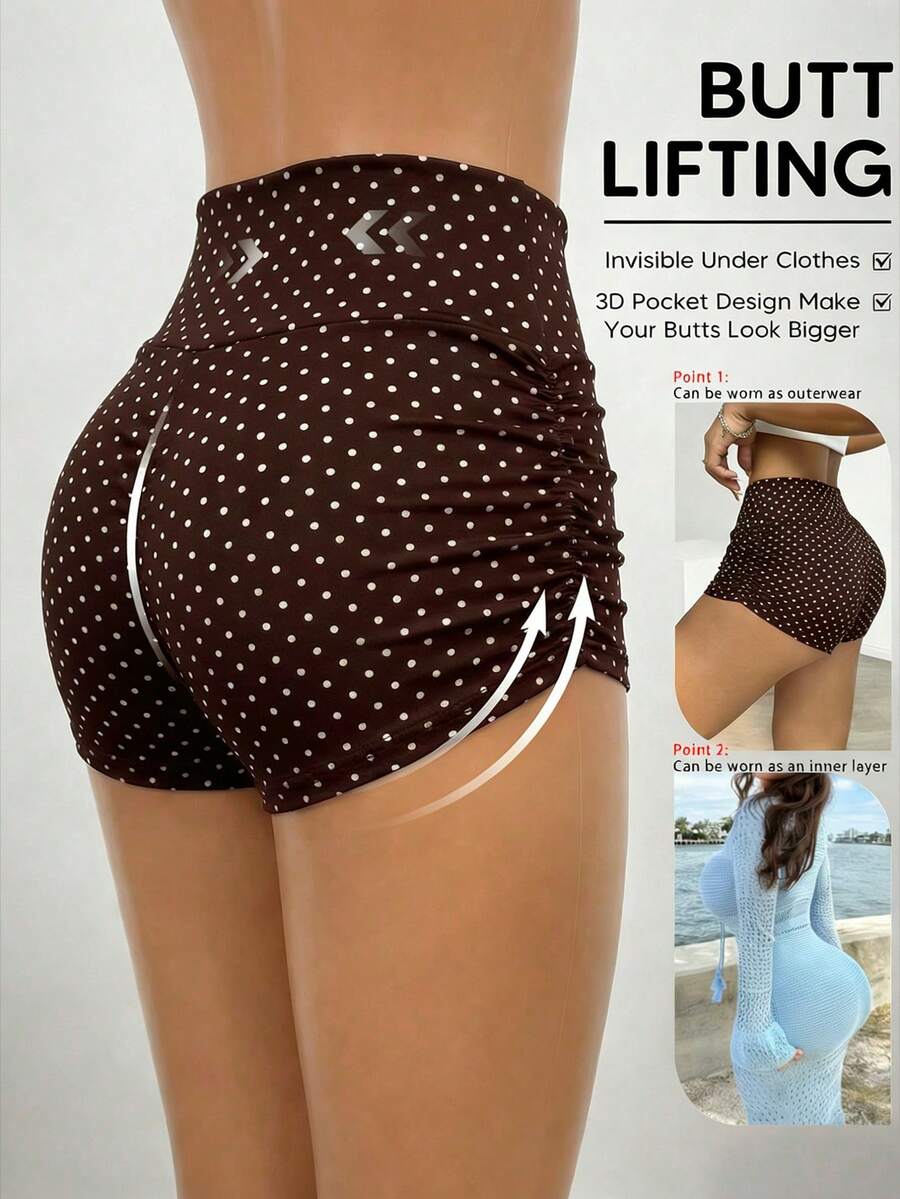 SHEIN EZwear Short de cyclisme plissé à pois marron et blanc pour femmes, convient pour le cyclisme, le yoga, les sports en été. Short à pois rétro, américain décontracté, short de cyclisme, short de sport, avec taille affinante et fessiers rehaussés - Multicolore - Voir 1