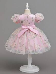 SHEIN Glamorique Kids 少女碎花束腰泡泡袖连衣裙，薄纱泡泡袖优雅派对礼服，适合所有季节 - 粉色 - 查看 2